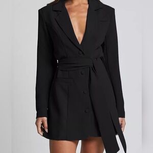 Stylish Black Tie Waist Blazer Dress